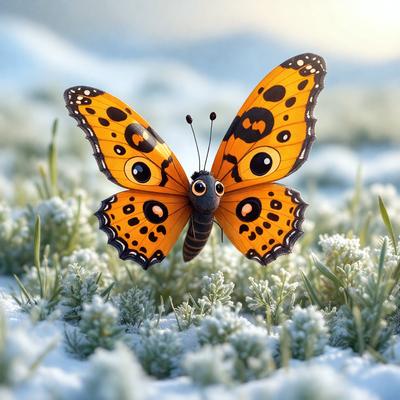 The primary subject of the image is a butterfly, which is the main object, scene, or focus of the image. The butterfly is standing on a grassy field with snow on the ground. The setting is a winter landscape, and the visual style is a photo. The dominant colors in the image are orange and brown, giving the butterfly a warm and natural appearance. The overall atmosphere of the image is serene and peaceful, as the butterfly stands out against the snowy backdrop.